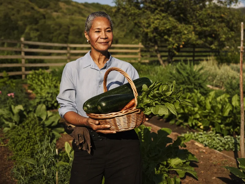 Una donna raccoglie zucchine e basilico in un cesto di vimini al tramonto