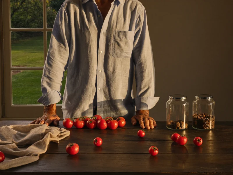 Tavolo di casetta di campagna con pomodori freschi, barattoli per conserve e tovaglia di lino